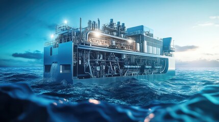 Ultra-Detailed Marine Research Vessel Power Generator in Open Ocean: Precision Engineering Focus on Specialized Maritime Power Systems.