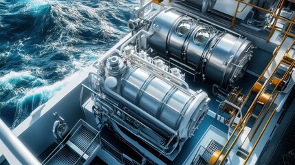 Ultra-Detailed Marine Research Vessel Power Generator in Open Ocean: Precision Engineering Focus on Specialized Maritime Power Systems.