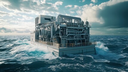 Ultra-Detailed Marine Research Vessel Power Generator in Open Ocean: Precision Engineering Focus on Specialized Maritime Power Systems.