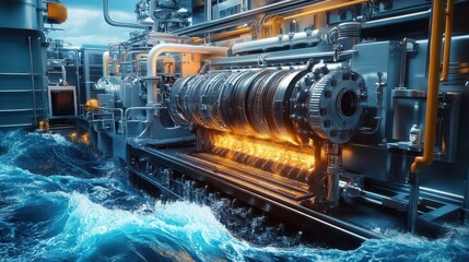 Ultra-Detailed Marine Research Vessel Power Generator in Open Ocean: Precision Engineering Focus on Specialized Maritime Power Systems.