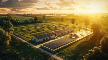 Ultra-detailed microgrid generator system in sustainable agriculture: Aerial view at golden sunset, showcasing integrated power generation in a professional environmental rendering.