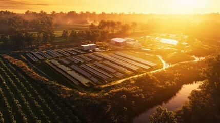 Ultra-detailed microgrid generator system in sustainable agriculture: Aerial view at golden sunset, showcasing integrated power generation in a professional environmental rendering.
