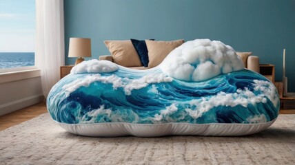 Ocean wave-shaped cushion in living room.
