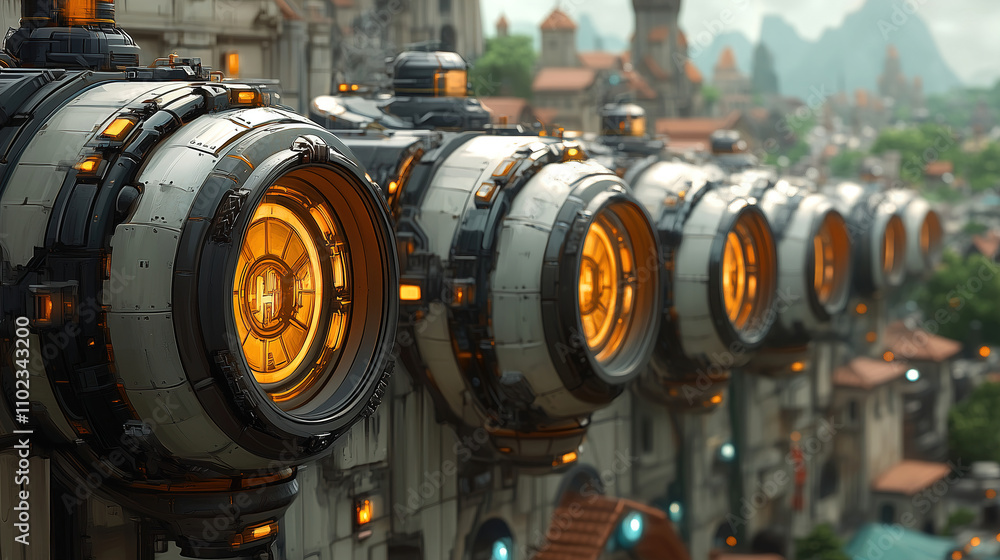 Poster futuristic cityscape featuring glowing circular structures along a bustling street illuminated by so
