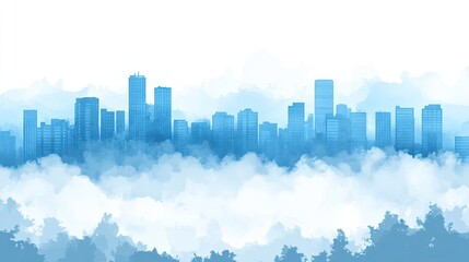 Fototapeta premium City skyline above the clouds, illustrated in shades of blue.