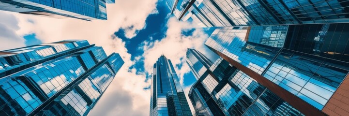 glass buildings with cloudy blue sky background. Website wide banner