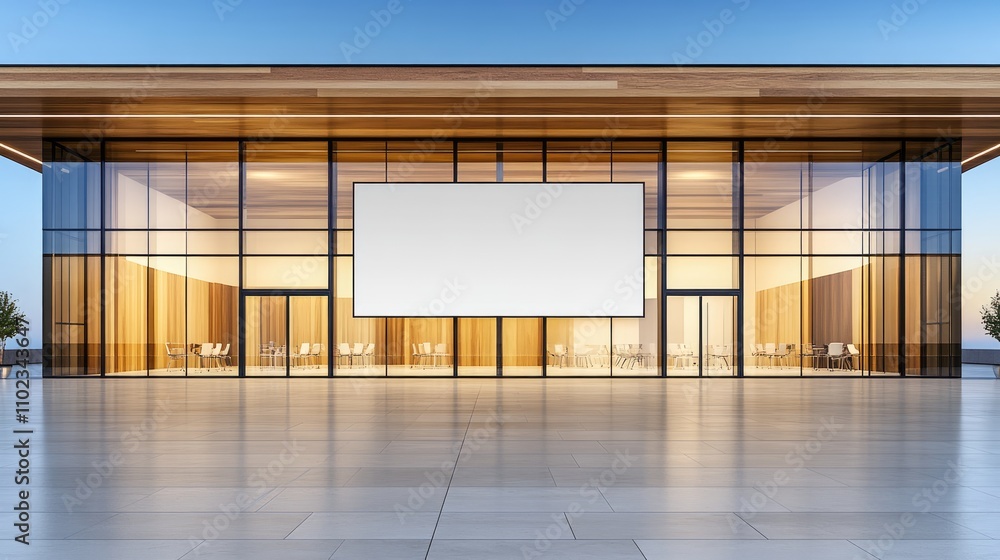 Poster Modern Architectured Building with Large Glass Facade and Empty Display Screen Ideal for Events and Presentations in Urban Environment