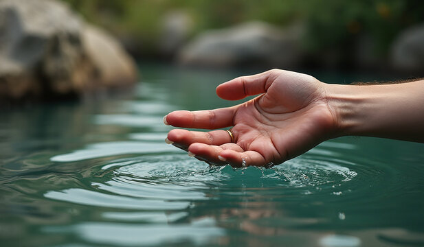jesus extends hand near water outside tight outdoor photograph
