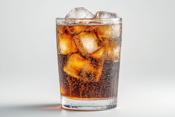 Glass of soda with ice cubes on a white background
