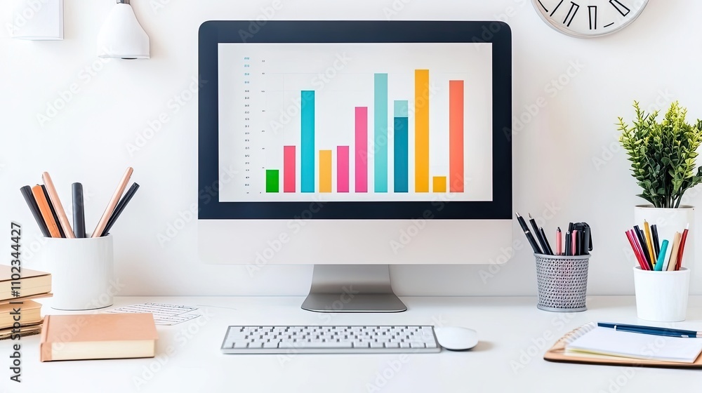 Poster modern workspace with desktop computer displaying colorful bar chart, notebooks, stationery, and ind
