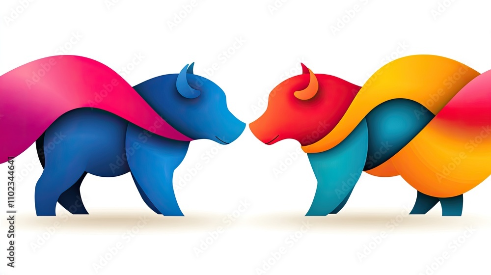 Poster abstract representation of bull and bear icons symbolizing market trends with colorful curves on a c