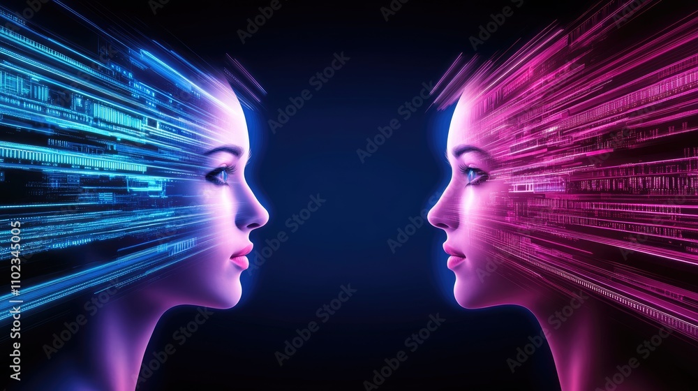 Poster futuristic digital portrait of two female faces representing technology and data flow with colorful 