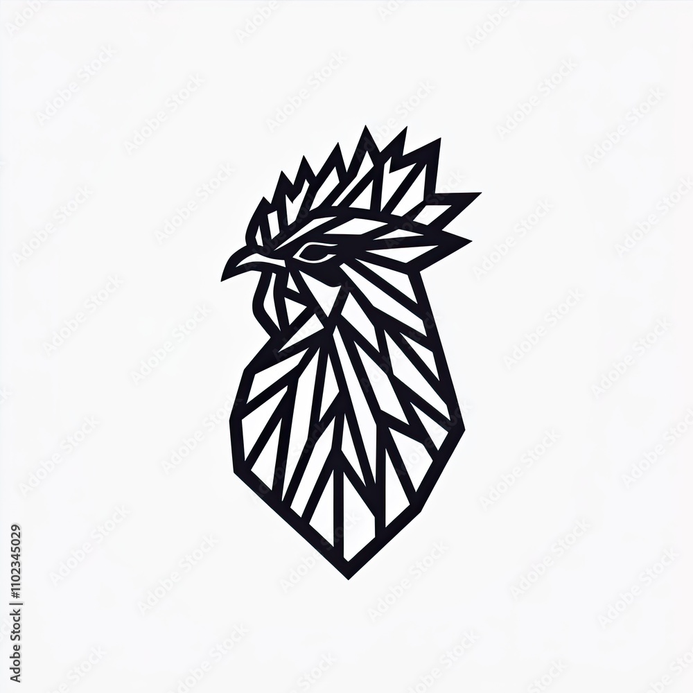 Poster intricate geometric black and white rooster illustration with angular shapes and sharp lines for mod
