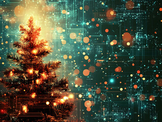 Festive Christmas New Year background with fir tree, decorations and gifts. Neural network AI generated art