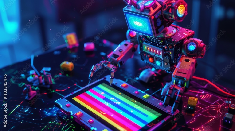 Poster a vibrant, tech-savvy robot interacts with a digital tablet displaying colorful bars in a dimly lit 