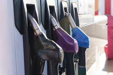 Fueling up with colorful gas pumps at a bustling station on a sunny day