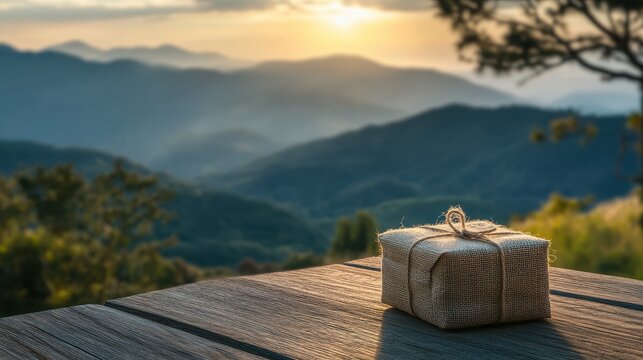 Serene Mountain Landscape with Parcel on Wooden Deck