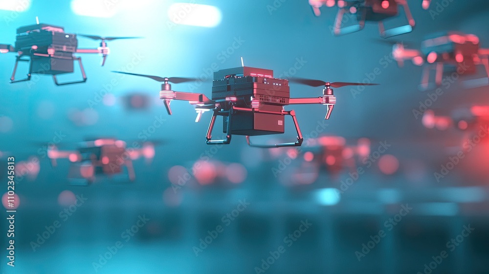 Poster futuristic drone technology with multiple drones flying in a high-tech environment featuring neon li