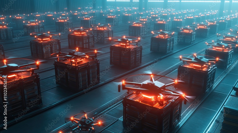 Poster futuristic warehouse scene featuring drones positioned amongst crates with neon lighting in a high-t