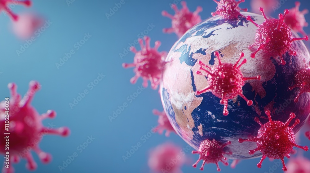 Poster visualization of a global pandemic concept featuring earth amidst floating virus particles represent