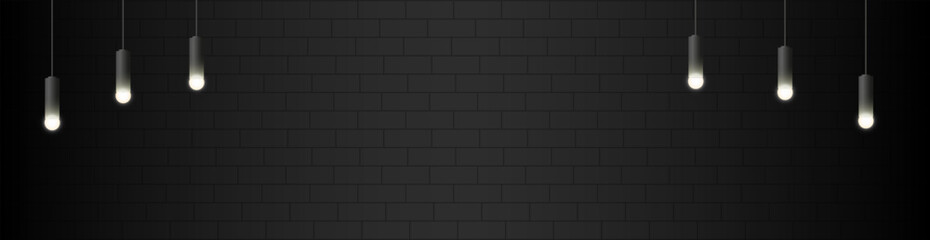 Modern dark banner with minimalist pendant lights on a black brick wall background. Ideal for websites, advertisements, or design projects needing a contemporary industrial vibe.