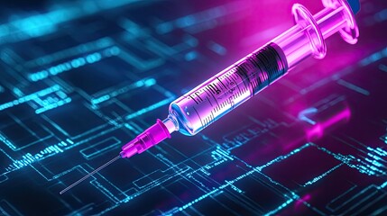 Futuristic syringe with bright neon colors injecting digital data, representing technology and health, set against a vibrant circuit board background in a modern design