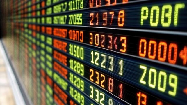 Close-up of a stock ticker displaying fluctuating numbers and symbols, indicating market activity. - Powered by Adobe