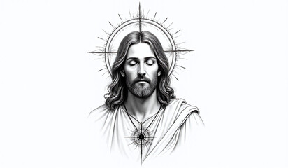 single drawing jesus spiritual elements white background created artwork meditation inner reflection