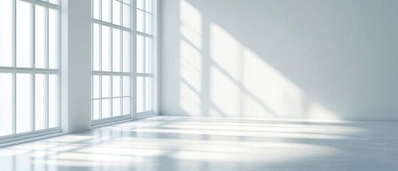 Obraz premium A minimalist white room interior with large windows casts dramatic shadows on the empty floor and walls through natural sunlight. Generative AI.