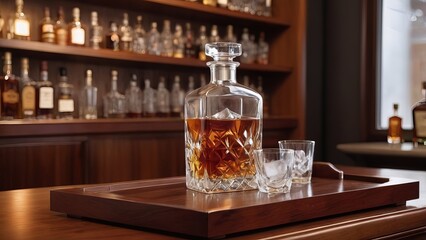 Crystal whiskey decanter with glasses on wooden bar counter