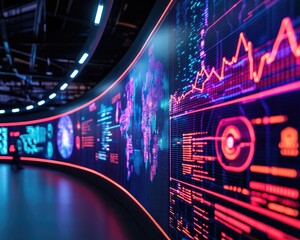 Futuristic data visualization display with colorful graphs and charts in a modern tech environment, showcasing analytics and global connectivity insights.