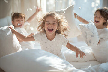 A group of giggling children having a pillow fight in a brightly lit, cozy bedroom