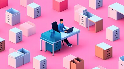 Modern Workspace Concept with Man Working on Laptop Surrounded by Colorful Office Furniture in a Vibrant Pink Setting Ideal for Business and Productivity Themes