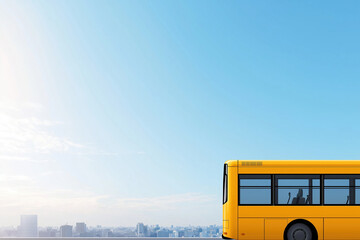 Urban landscape with yellow bus against clear blue sky and distant city skyline