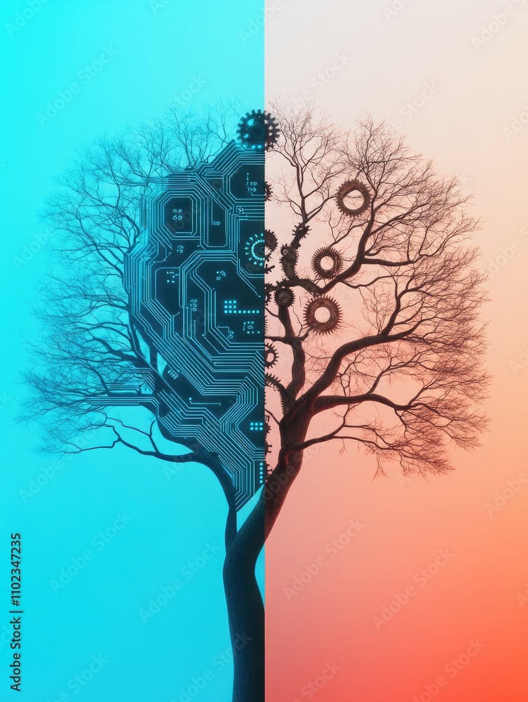 Aufkleber conceptual representation of the balance between nature and technology, featuring a split image of a