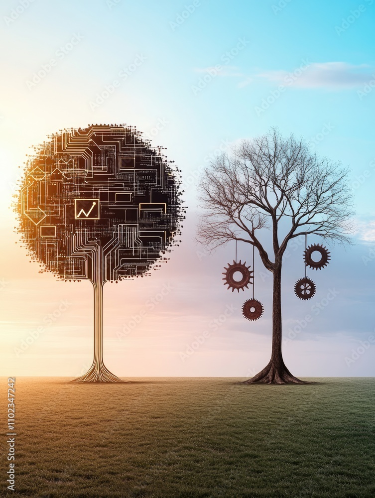 Poster a conceptual representation of nature and technology merging, featuring a circuit tree and a gear tr