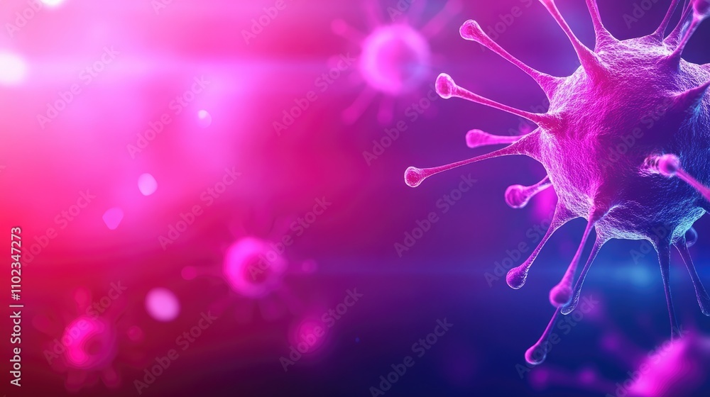 Poster close-up view of colorful and vibrant virus cells on a blurred background showcasing intricate detai