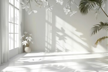 White studio background with window shadows  flowers  and palm leaves.
