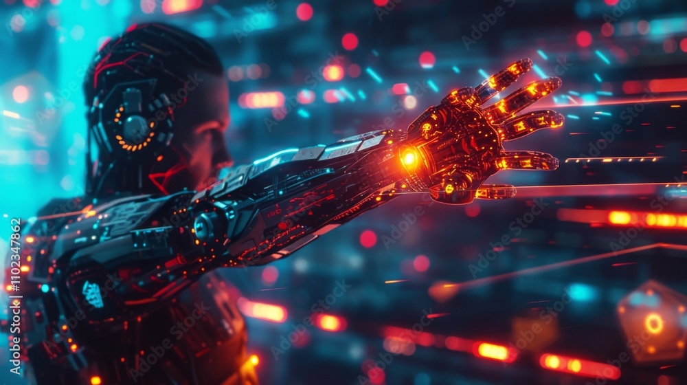 Poster a high-tech robot extends its arm, engaging with glowing digital elements in a futuristic environmen