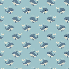 Cute vector pattern featuring playful whales on a light blue background for children's decor and crafts