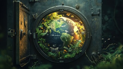 Fototapeta premium a detailed 3D globe inside an open metallic safe, covered with lush green plants
