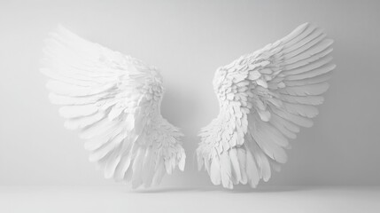 Fototapeta premium a pair of large, detailed white angel wings with soft feathers, isolated on a clean, light background
