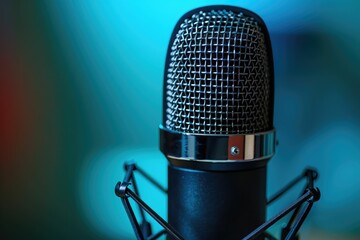 Focused shot of studio microphone in professional setting.