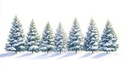 Fototapeta premium a row of evergreen trees heavily laden with snow, a bright and clear winter sky in the background 