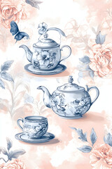Fototapeta premium Nostalgic Elegance: Embrace the Essence of Vintage Tea Time with Delicate Floral Designs and Classic Tea Elements