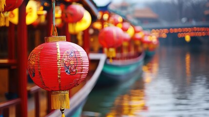 Vibrant Red Lanterns Reflecting on Calm Water in a Serene Scenic View of a Traditional Asian Festival Amidst a Beautiful Landscape