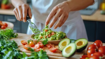 Fresh and Healthy Preparation of Guacamole with Avocados, Cherry Tomatoes, and Herbs in a Modern Kitchen Setting