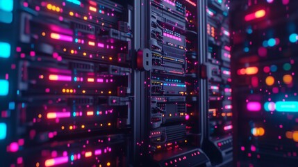 Naklejka premium A colorful, high-tech data server glows with neon lights, symbolizing modern data processing and futuristic technology. AI generated.