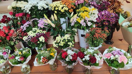 beautiful flower bouquets, flora floristry shop, pink red and white plants nature