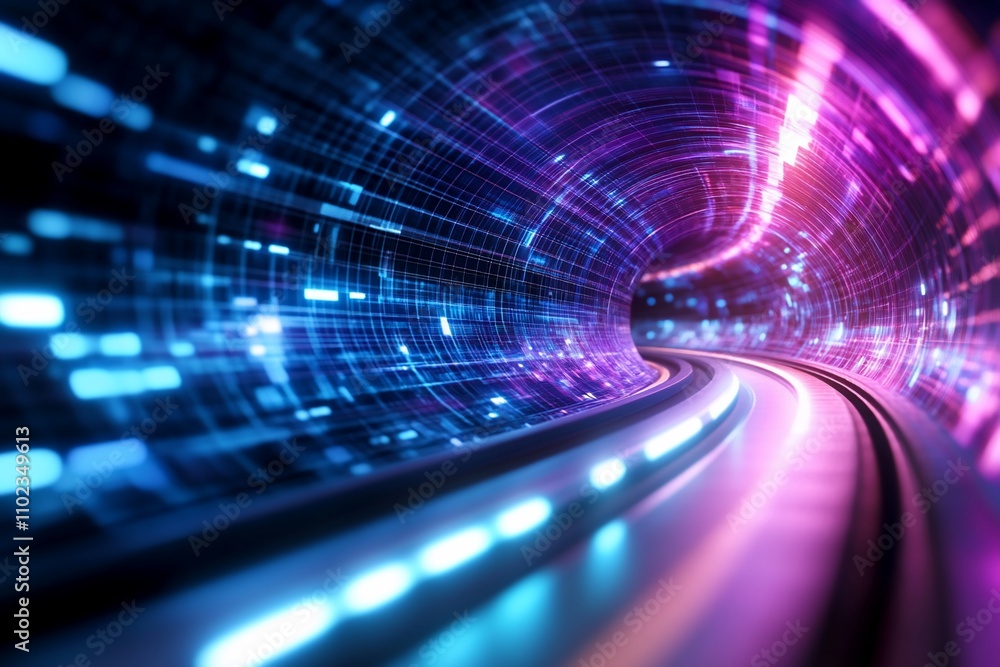 Poster abstract futuristic tunnel with glowing neon lights and digital data stream.
